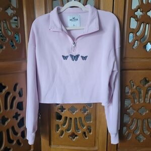 Hollister Embroidered Butterfly Quarter Zip Up Sweatshirt Size Medium Crop Y2K